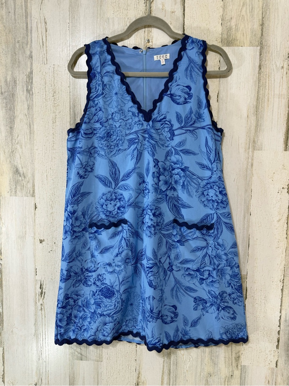 TCEC Blue Floral Apron Mini Dress with Scalloped Trim